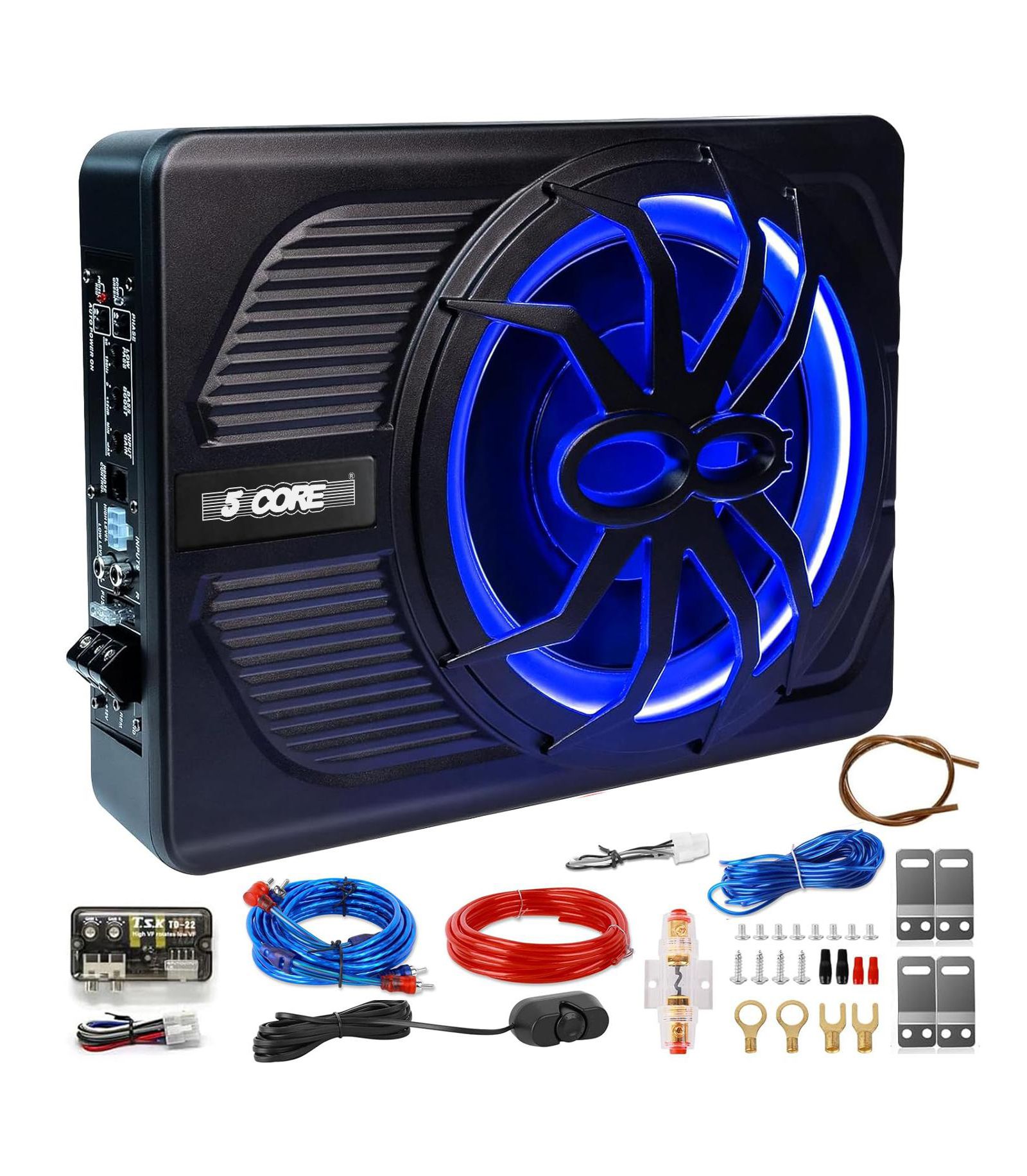 5 Core сабвуфер под сиденье автомобиля 10 inch, 800W Peak, 150W RMS, активный с синим LED светом и комплектом проводки