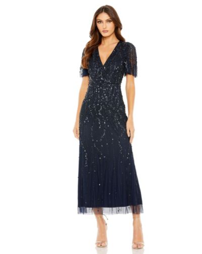 Mac Duggal Женское Beaded Wrap Over Butterfly Sleeve Column Dress