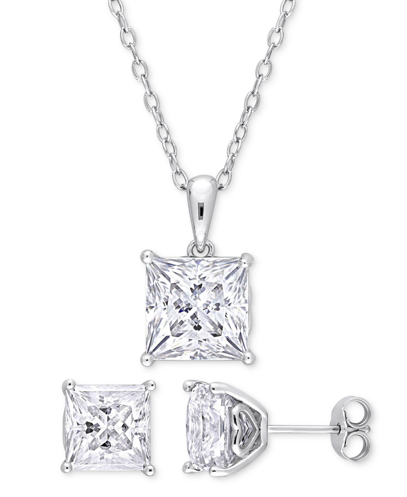 Macy's 2-Pc. Set Moissanite (9 ct. t.w.) Princess Stud Earrings & Pendant 18" Necklace in Sterling Silver