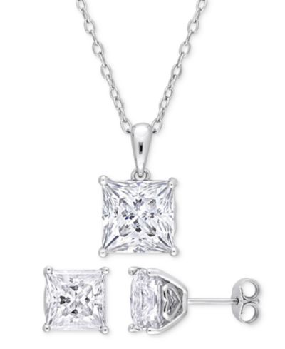 Macy's 2-Pc. Set Moissanite (9 ct. t.w.) Princess Stud Earrings & Pendant 18" Necklace in Sterling Silver