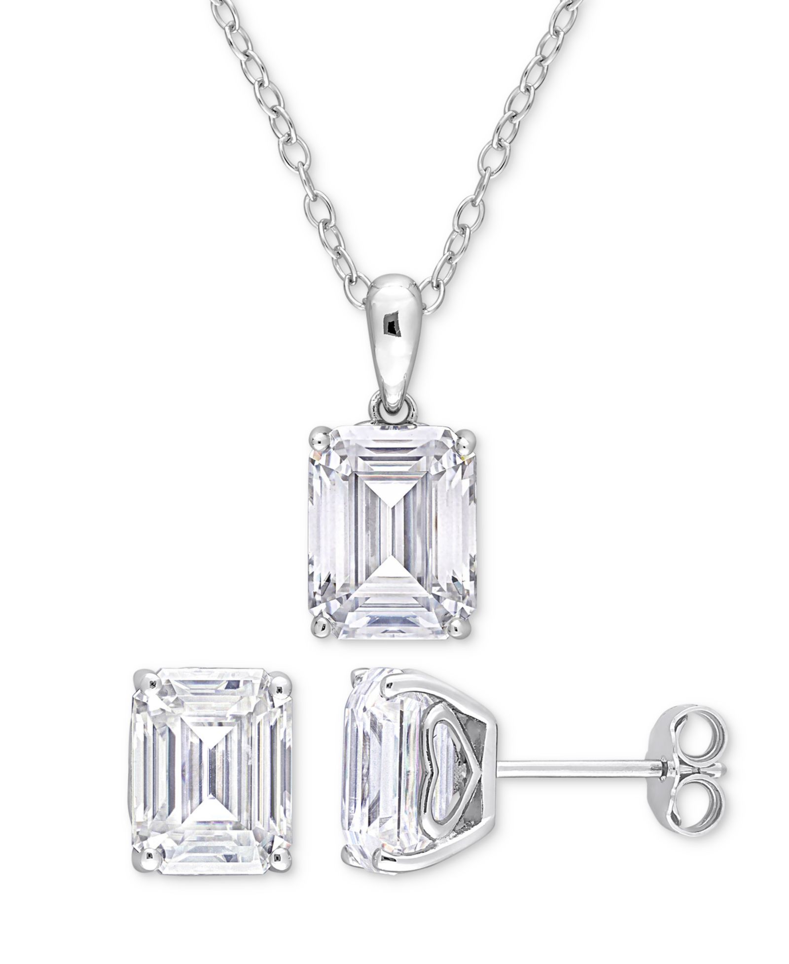 Комплект из 2 предметов Moissanite (7-1/2 ct. t.w.) серьги-гвоздики изумрудного огранения и кулон 18" ожерелье из стерлингового серебра