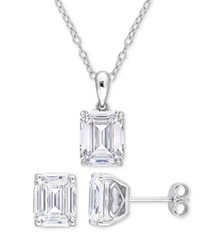 Комплект из 2 предметов Moissanite (7-1/2 ct. t.w.) серьги-гвоздики изумрудного огранения и кулон 18" ожерелье из стерлингового серебра