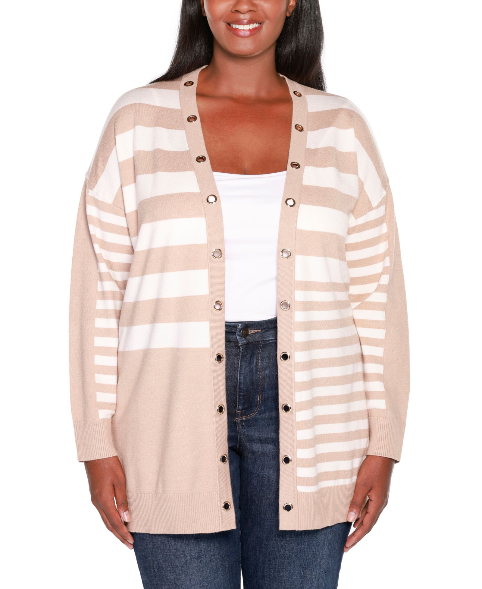 Belldini Plus Size Black Label Colorblocked Open-Front Cardigan Sweater