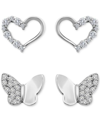 Giani Bernini Cubic Zirconia Heart & Butterfly 2-Pc. Set Stud Earrings (1 ct. t.w.) in 18k Gold over Sterling Silver, Exclusively at Macy's