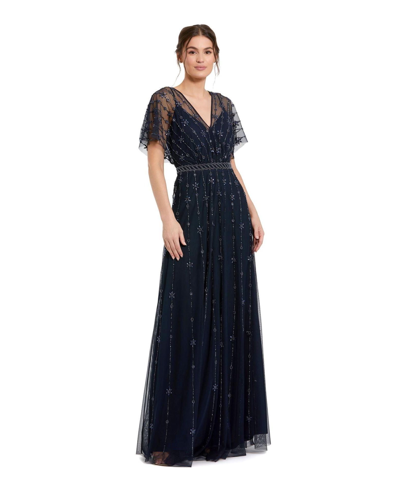 Mac Duggal Women's V Neck Embellished Flutter Sleeve A Line Gown