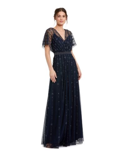 Вечернее платье Mac Duggal Women's V Neck Embellished Flutter Sleeve A Line Gown