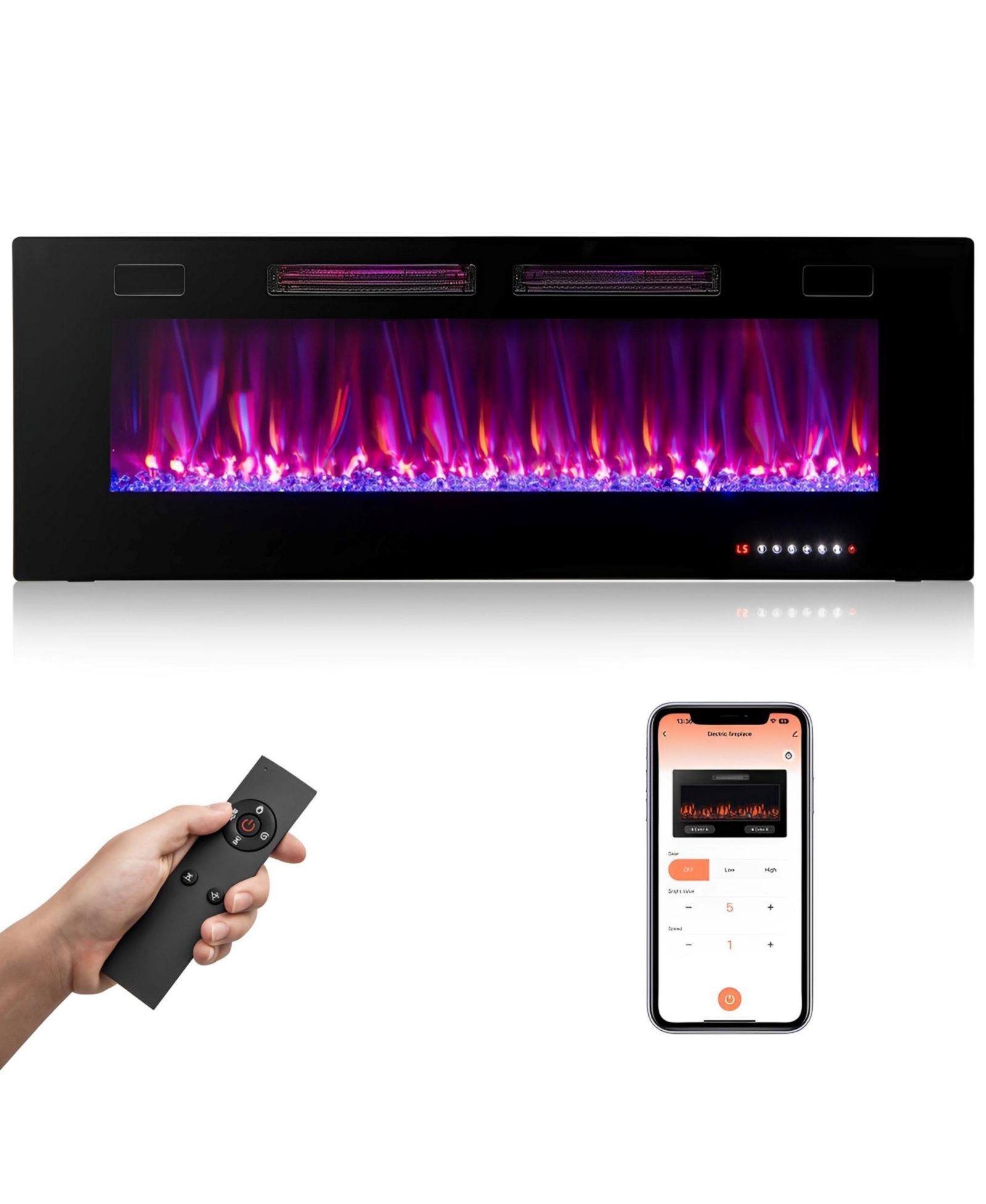 50 Inch Ultra-Thin Electric Fireplace with Decorative Crystals, 12 Flame Colors and Smart App Control