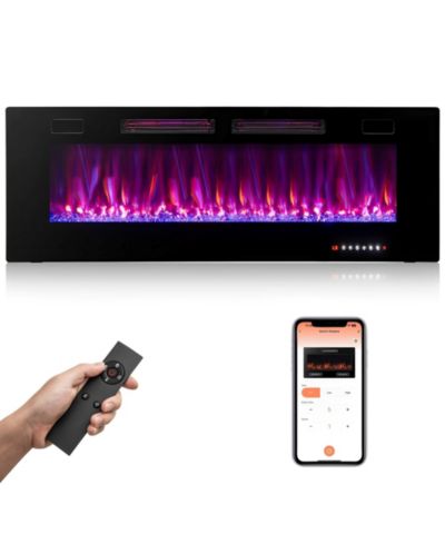 Ультратонкий электрический камин SKONYON 50 Inch с декоральными кристаллами, 12 цветами пламени и Smart App Control