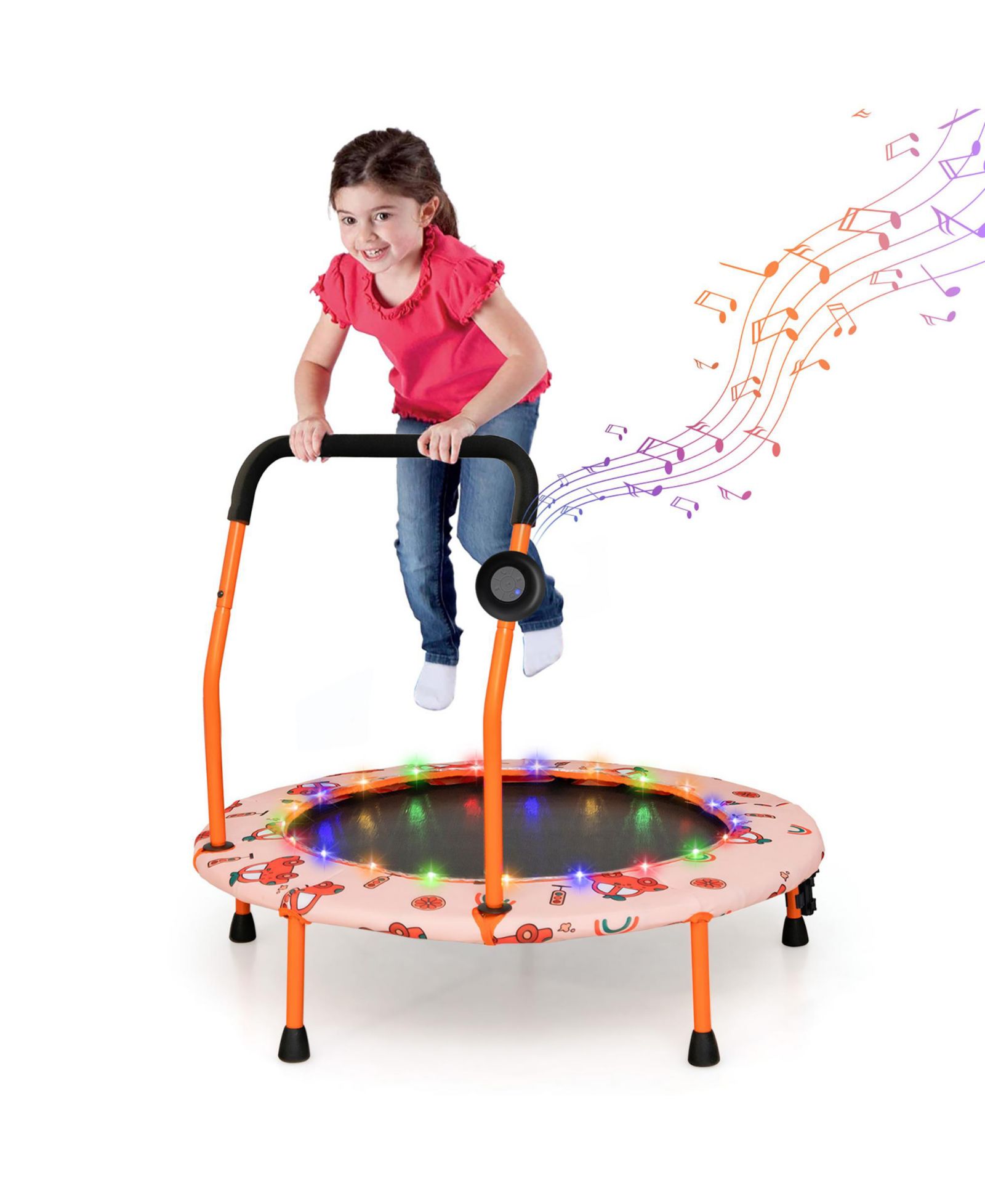 Gymax 36'' Mini Toddler Trampoline w/ LED Bluetooth Speaker Detachable Handle Kids Gifts