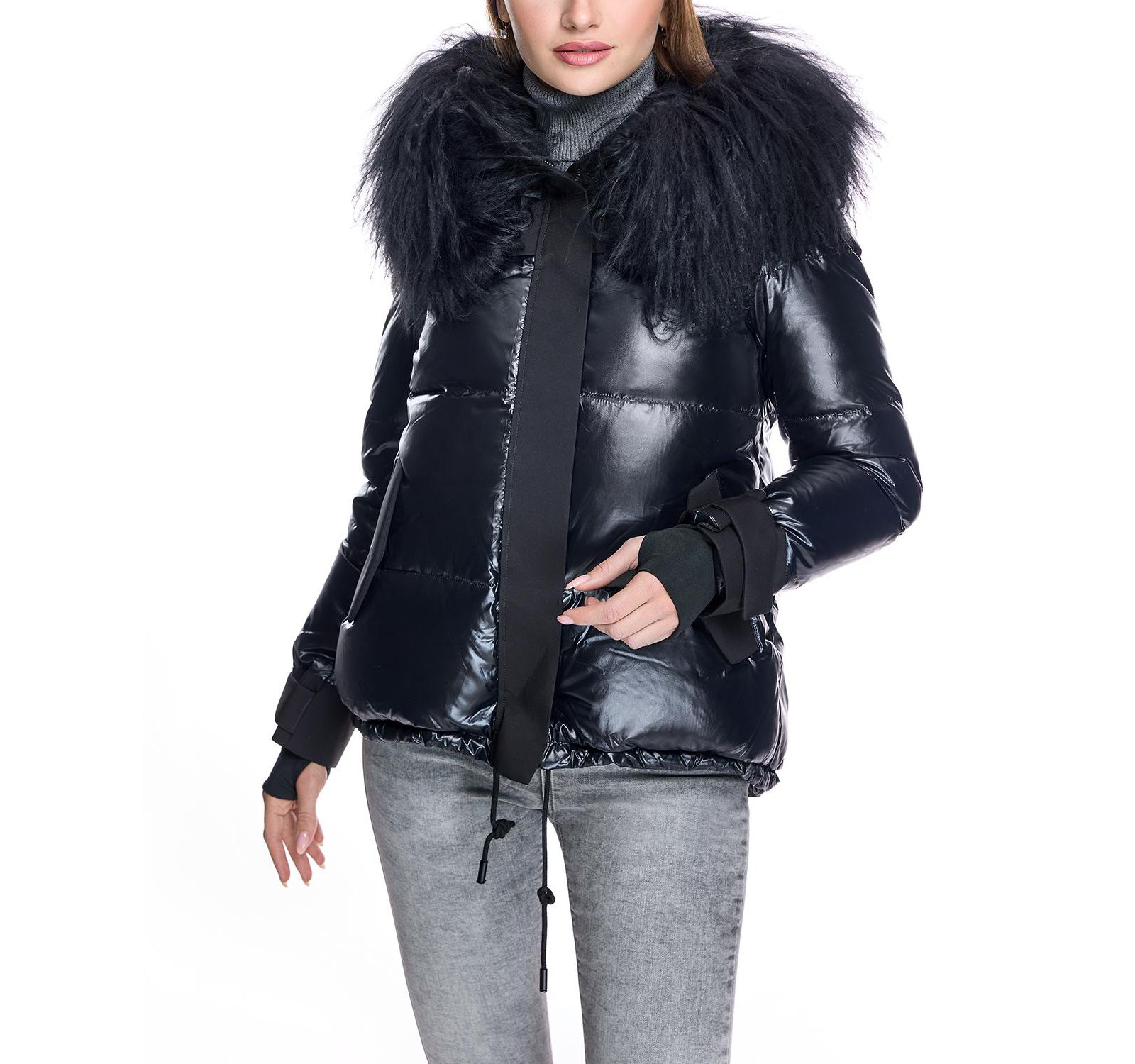 Julia & Stella by Maximilian Women's Nylon Jacket with Fur Trimmed Hood