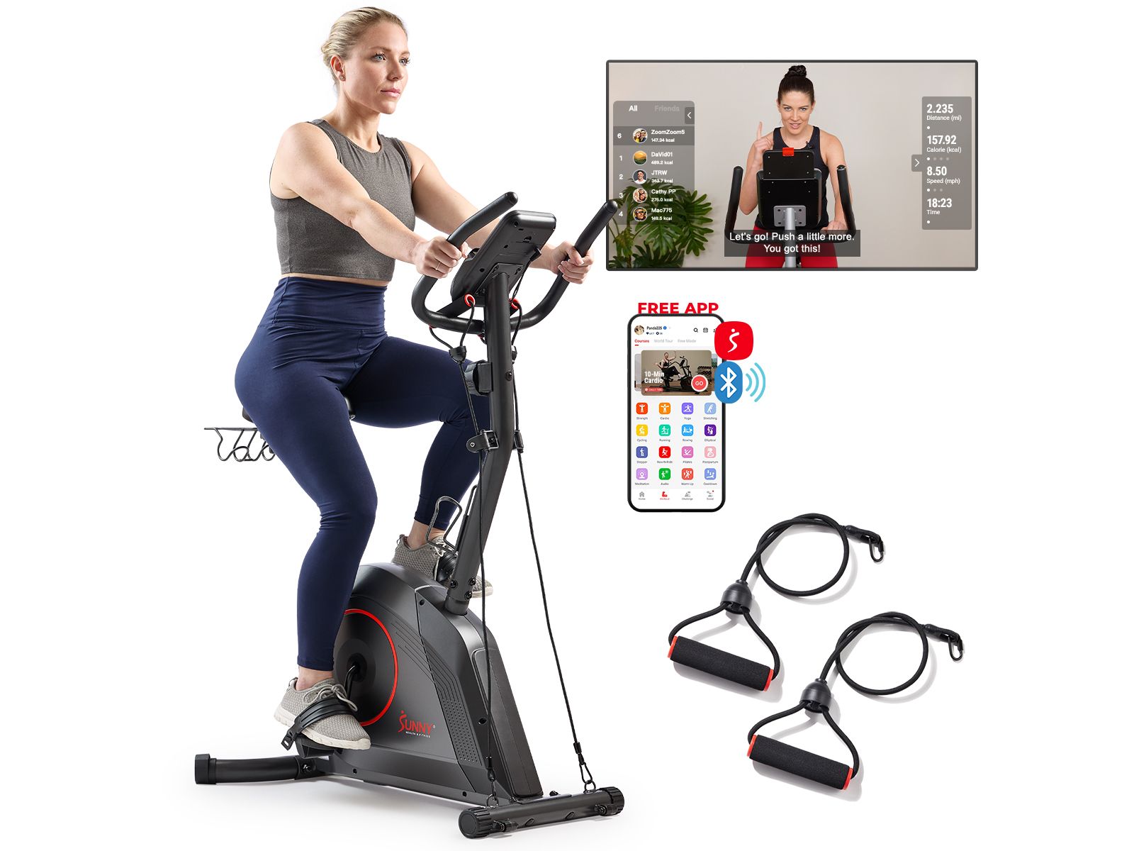 Sunny Health & Fitness Smart 16-Level Magnetic Resistance Upright Bike, with Workout Bands & Free SunnyFit App via Bluetooth