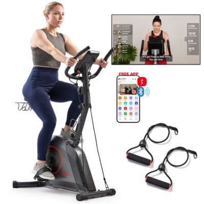Sunny Health & Fitness Smart 16-Level Magnetic Resistance Upright Bike, with Workout Bands & Free SunnyFit App via Bluetooth