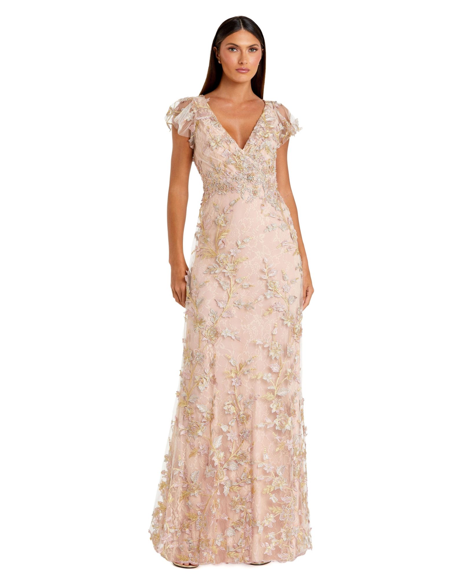 Mac Duggal Women's Embroidered Applique Wrap Over Flutter Sleeve Gown