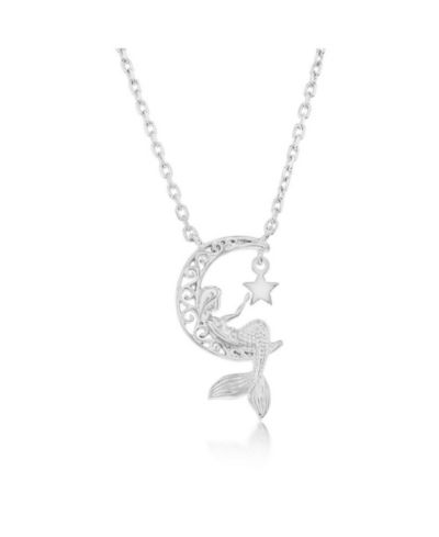 Simona Sterling Silver Crescent Moon w/Mermaid, Star Charm Necklace
