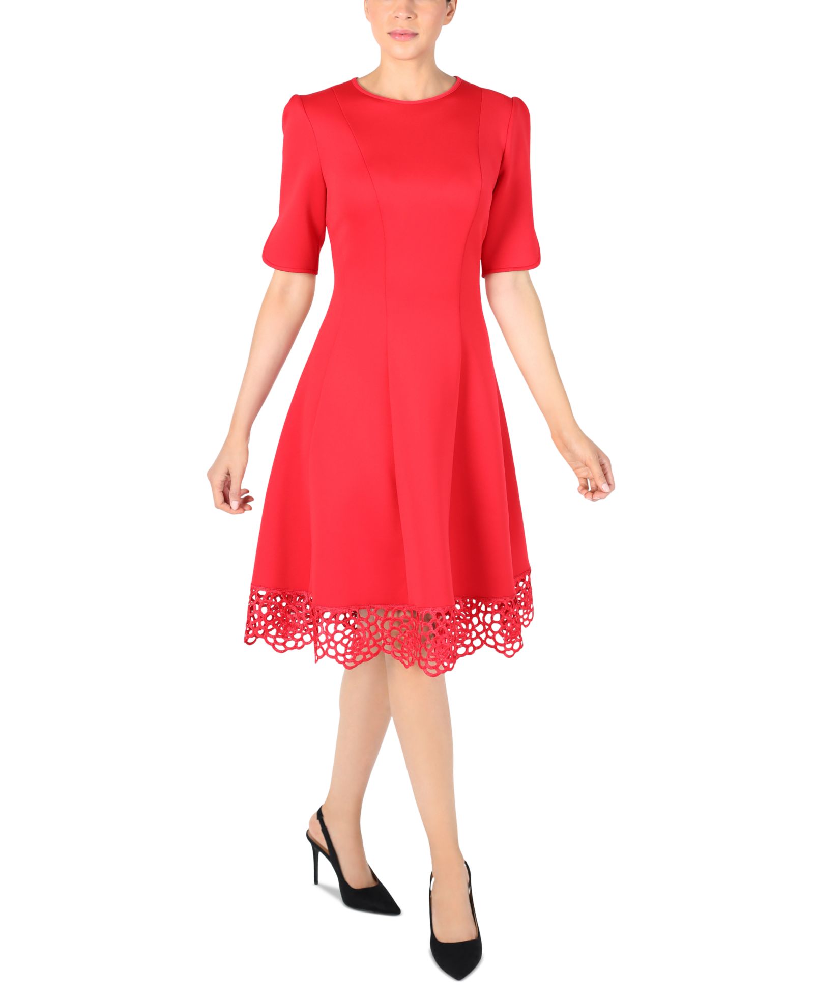 Женское трикотажное платье Donna Rico Elbow-Sleeve Lace-Hem Knit Dress