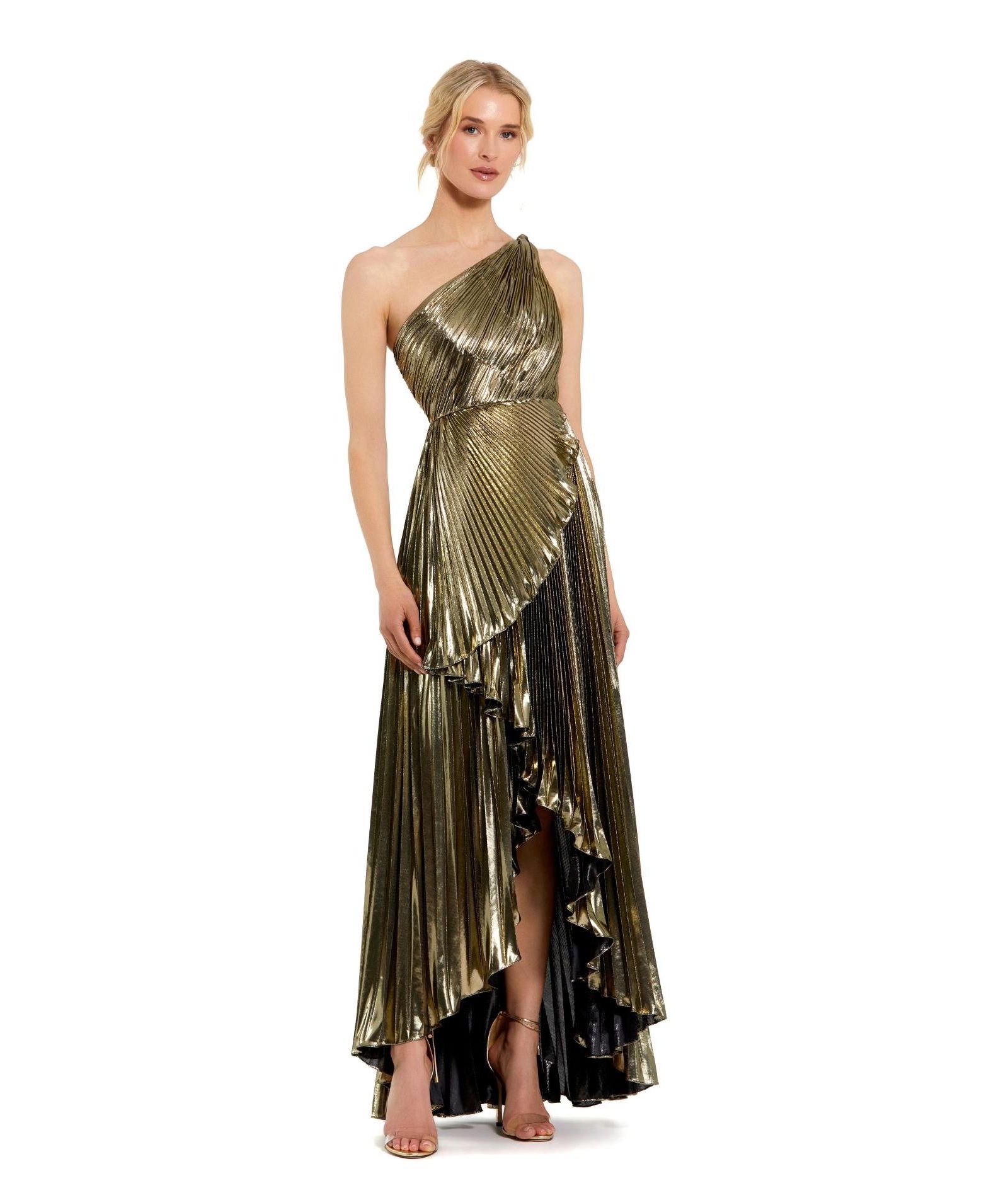 Женское вечернее платье Mac Duggal Pleated Metallic One Shoulder High Low