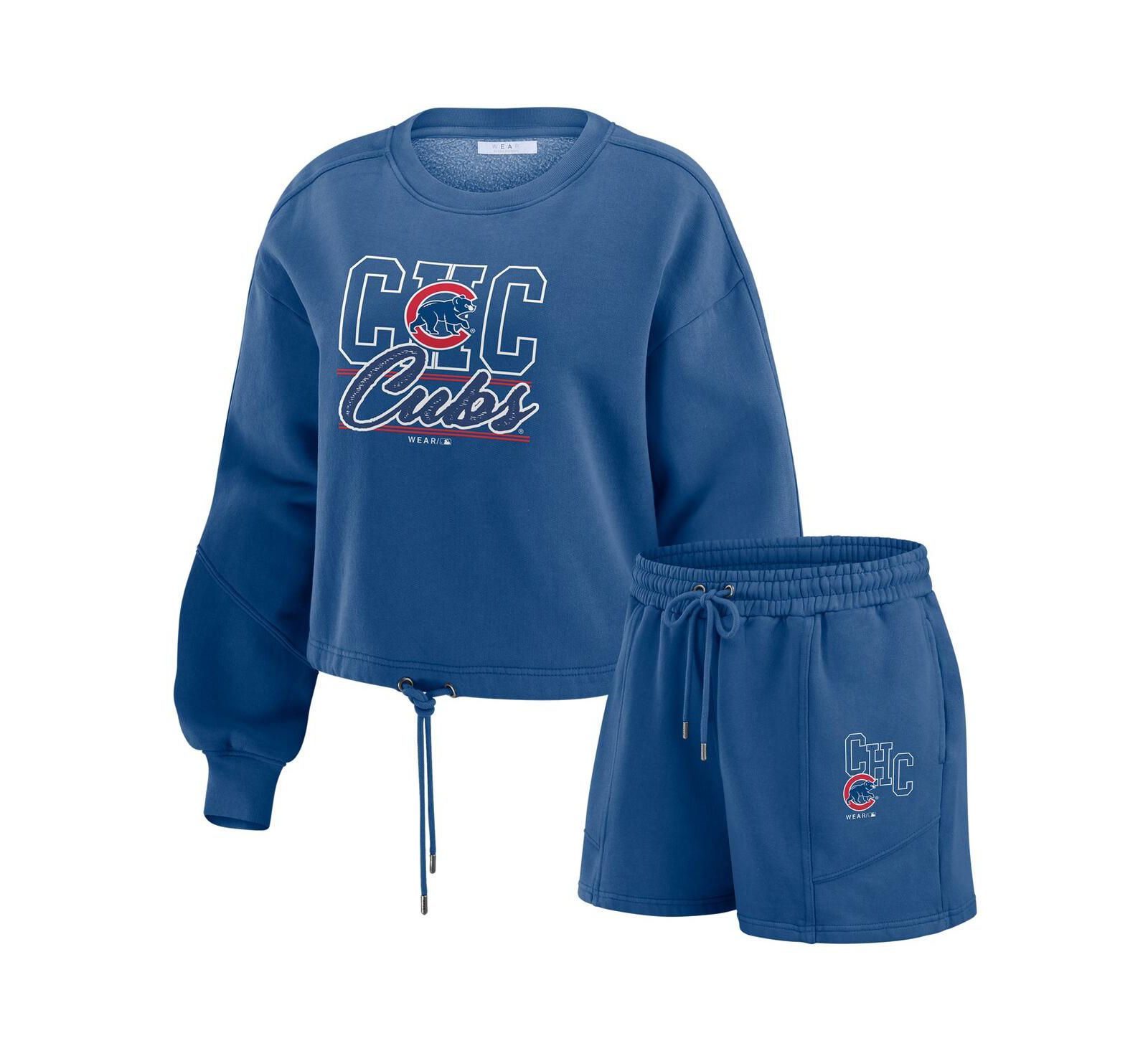 WEAR by Erin Andrews Women's Navy Chicago Cubs Washed Fleece Sweatshirt Shorts Lounge Set