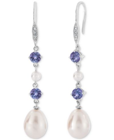 Tanzanite (1 ct. t.w.), Cultured Freshwater Pearl (3mm, 10x7mm) & Diamond Accent Linear Drop Earrings in Sterling Silver