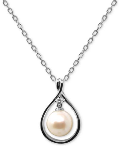 Подвеска-кулон Macy's Cultured Freshwater Pearl (8mm) & Diamond Accent Orbital Teardrop 18" Sterling Silver