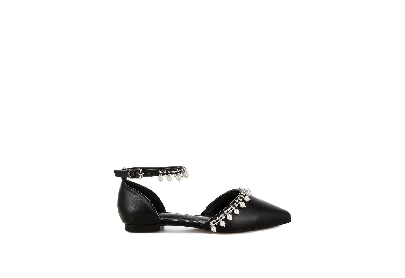 Aouva Rhinestone & Pearl Ankle Strap Flat Sandals