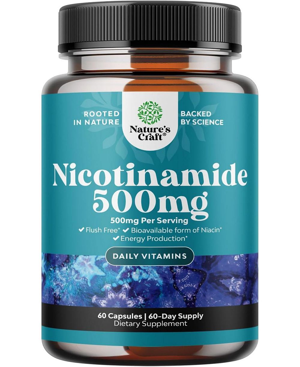 Vitamin B3 Niacinamide 500mg Capsules, Mitochondrial Energy and Potent Skin Supplement, Flush Free Niacin Supplement, Nature's Craft, 60ct