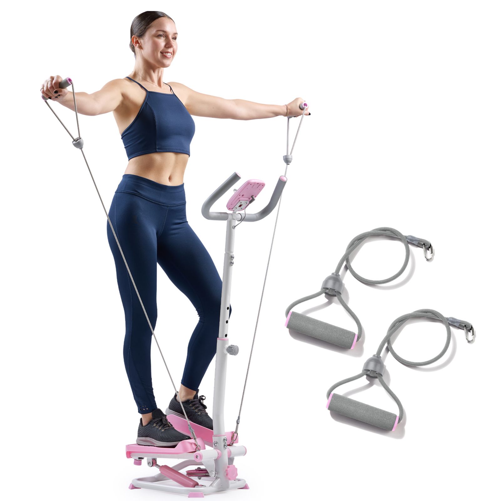 Sunny Health & Fitness Pink Smart Stair Exercise Stepper w Handlebar & Resistance Band, Free SunnyFit App Via Bluetooth