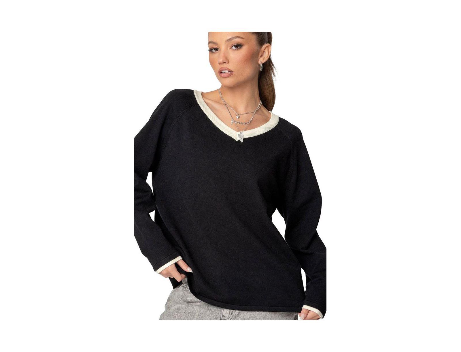 Edikted Women's Contrast V Neck Knit Sweater
