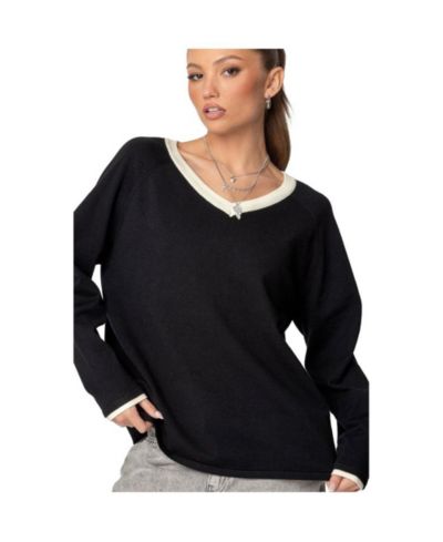 Edikted Women's Contrast V Neck Knit Sweater