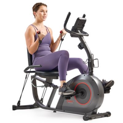 Sunny Health & Fitness 16 Level Resistance Smart Recumbent Bike with Workout Bands & Bluetooth Performance Tracking via SunnyFit App