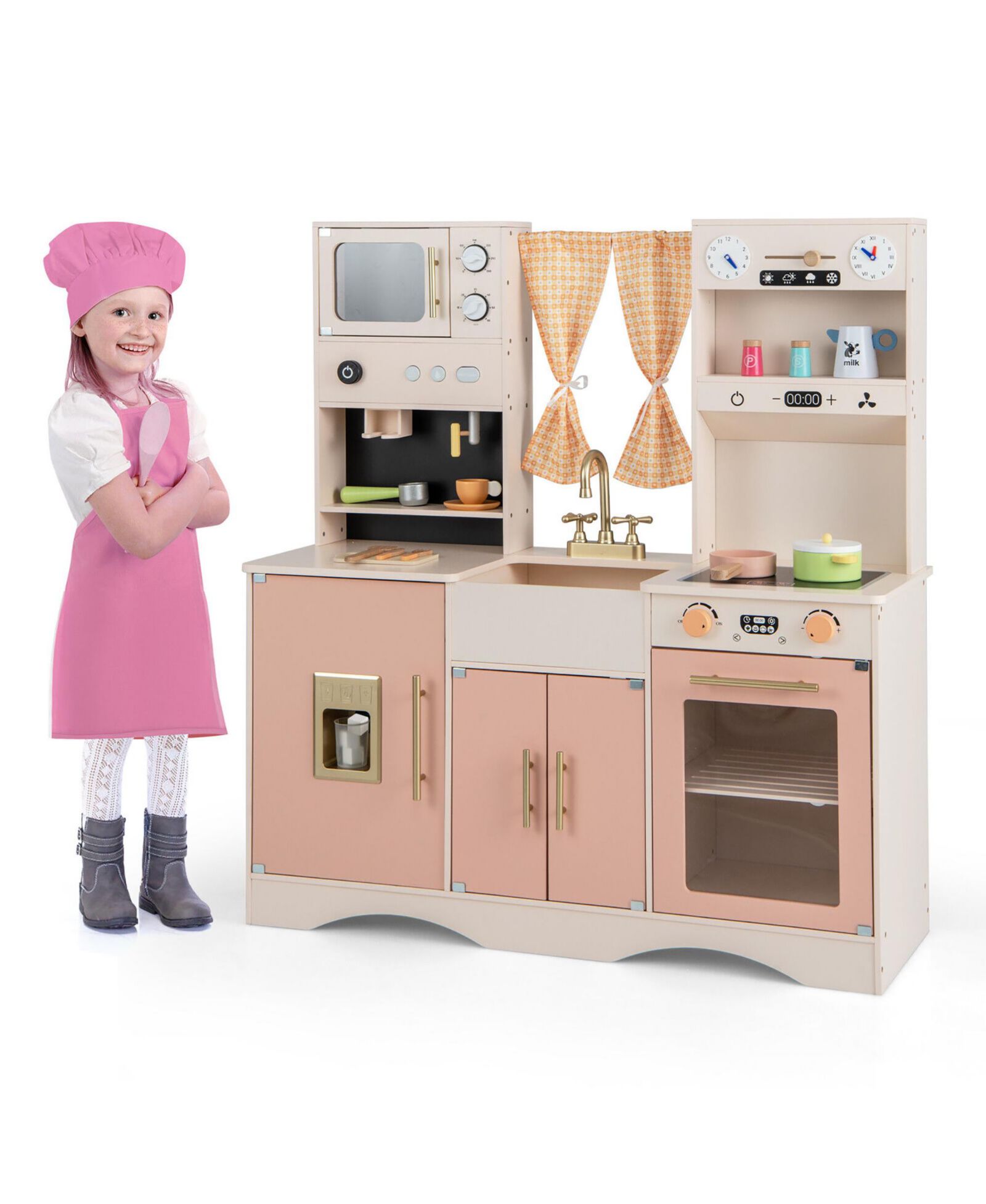 Детский игровой набор кухня Gymax с 2 шторами и 16 аксессуарами Pink