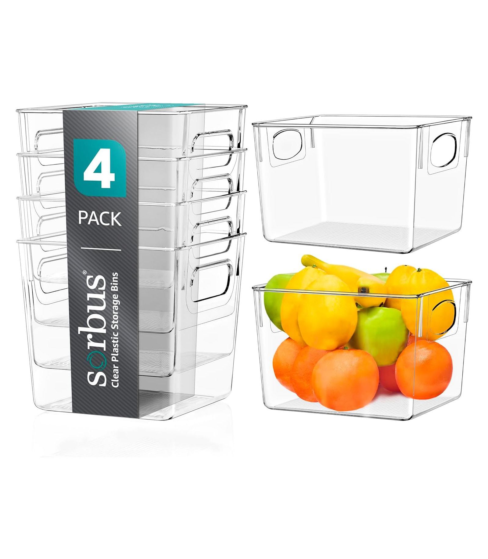 Sorbus 4-Pack Medium Clear Storage Bins with Handles - Organize fridge & pantry essentials! Stackable, portable, clear view for easy access