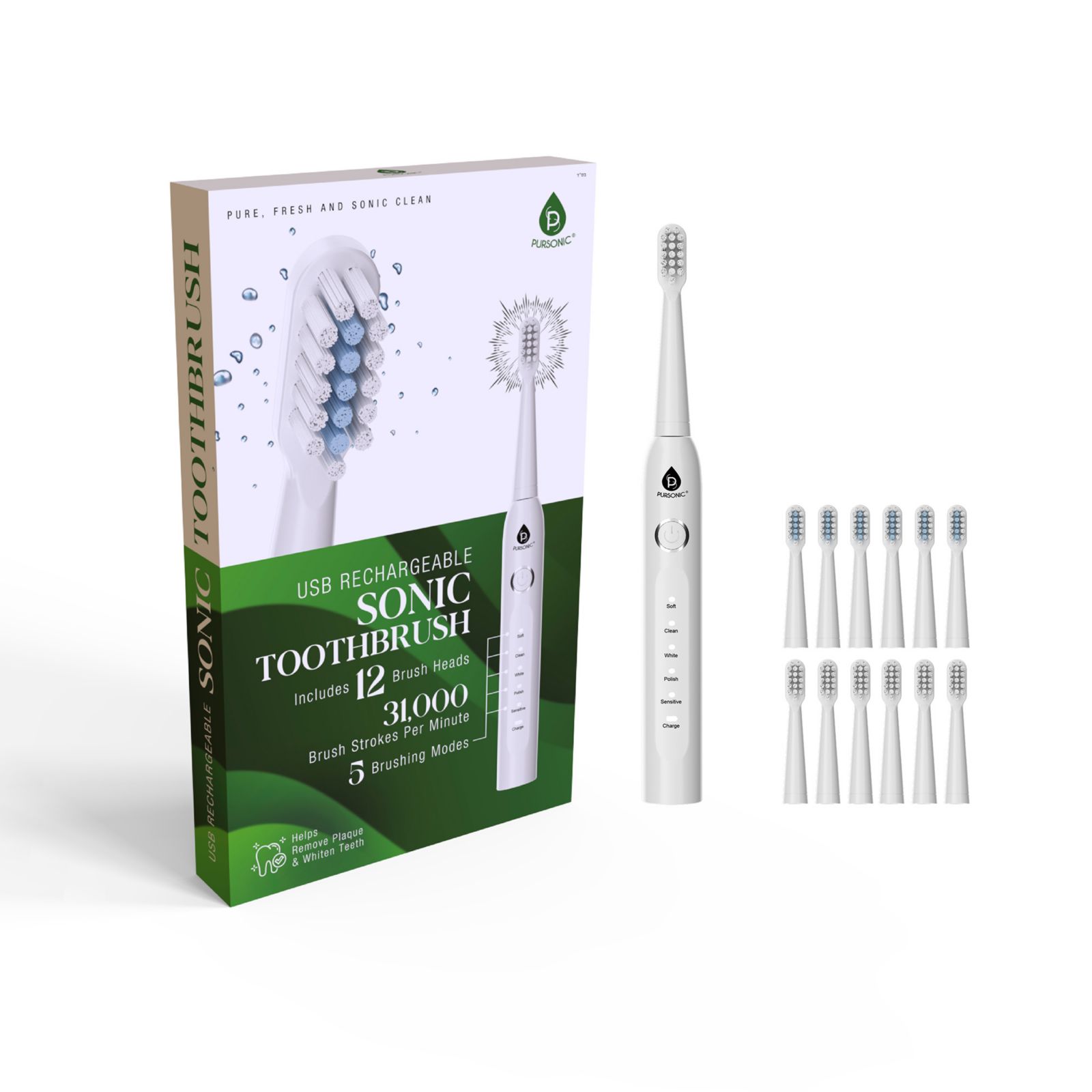 Электрическая зубная щетка PURSONIC с USB-зарядкой и 12 насадками