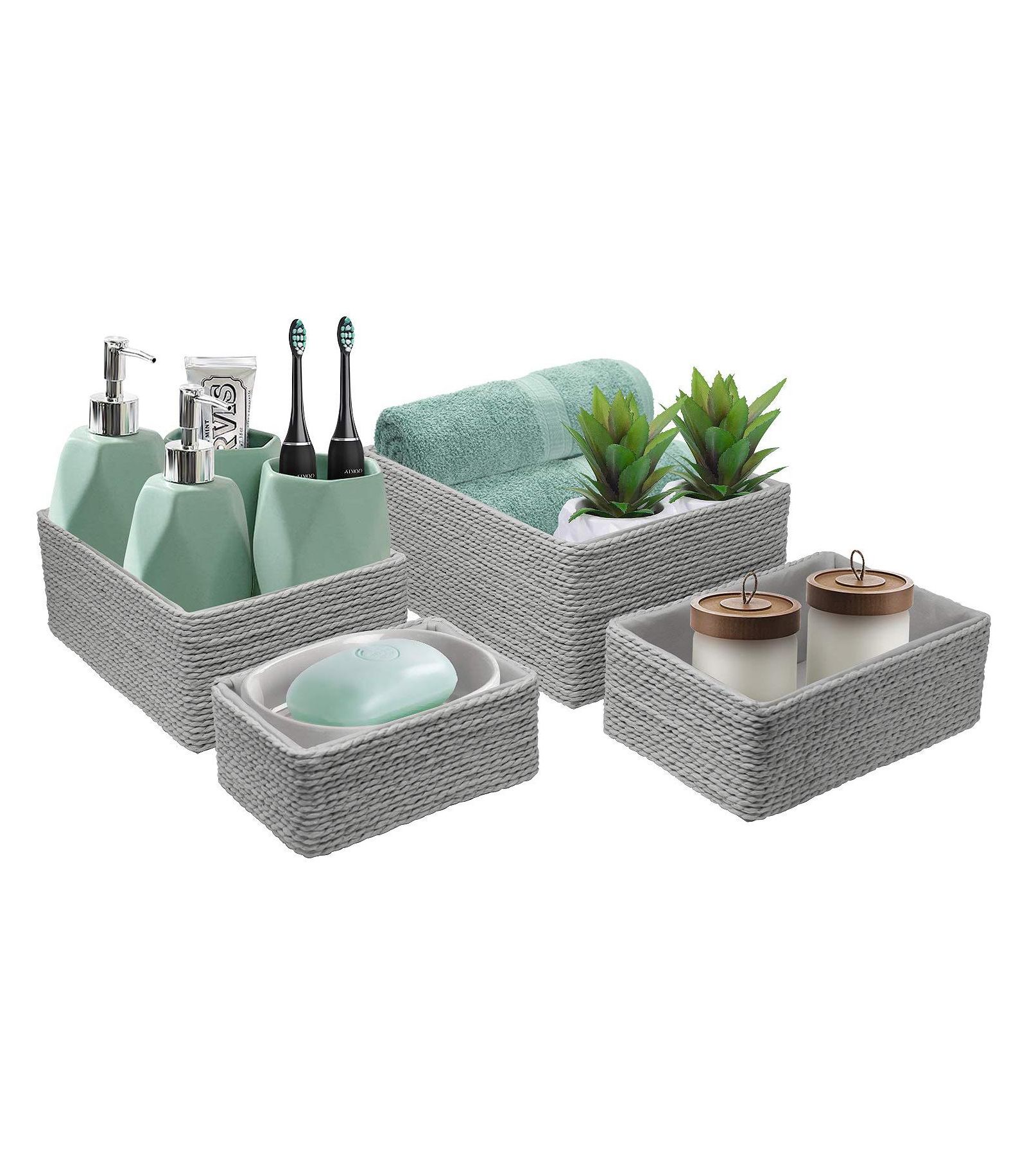 Sorbus Storage Baskets 4-Piece Set - Stackable Woven Basket Paper Rope Bin Boxes for Makeup, Office Supplies, Bedroom, Closet