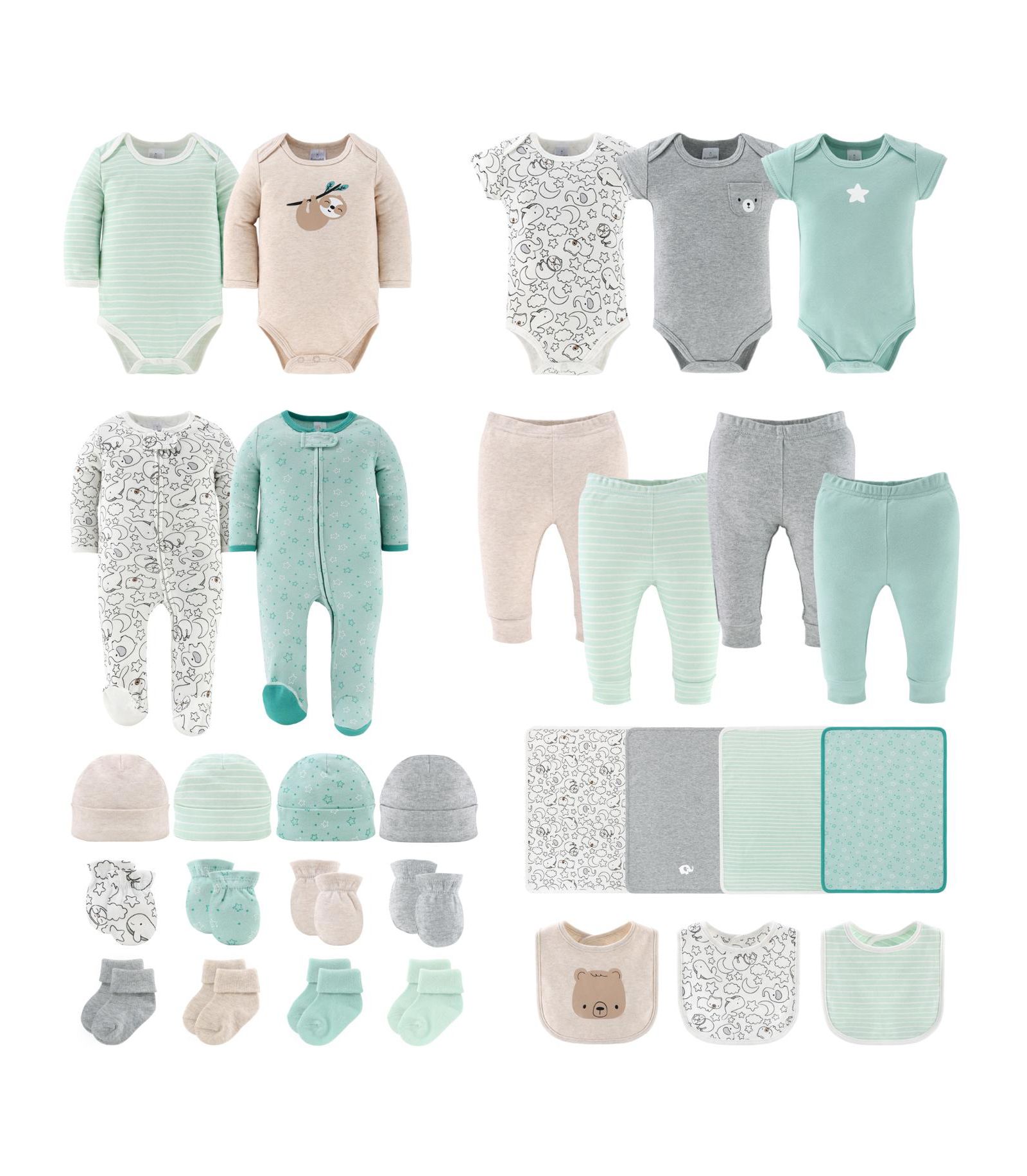 Набор для новорожденных The Peanutshell Baby Boys Restful Basics, 30 предметов, Green/Grey