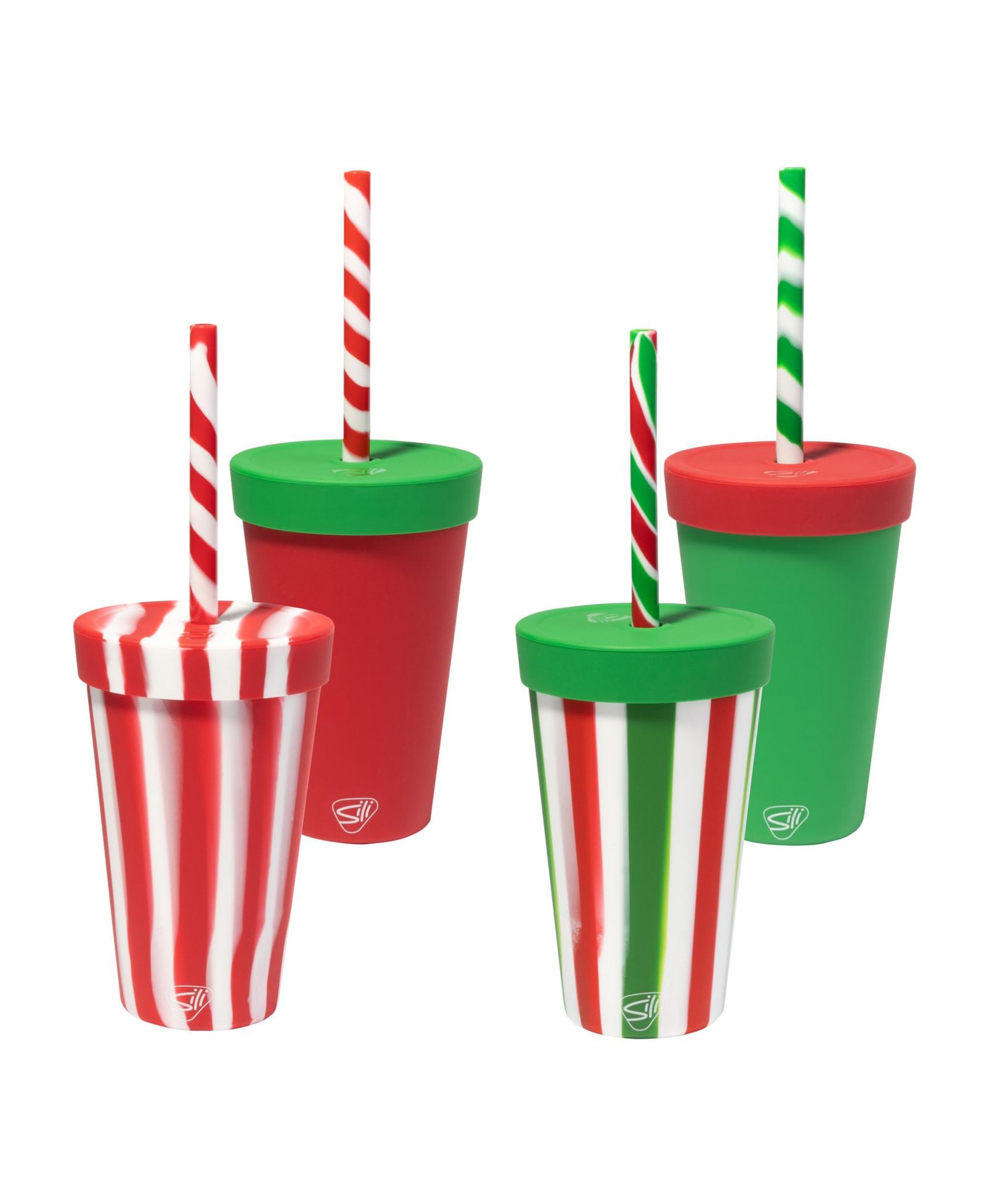 Стакан Silipint с трубочкой 16 oz: 4 шт. - Peppermint, Poinsettia, Classic Red, Classic Green