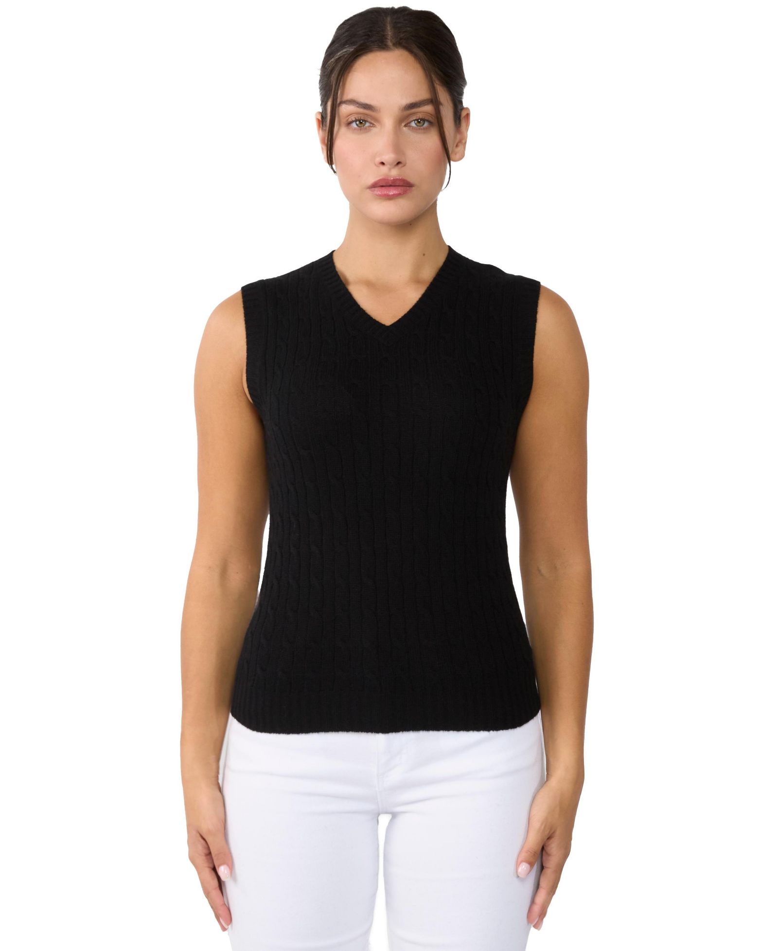 Женский вязаный жилет JENNIE LIU 100% Cashmere V Neck Cable-knit