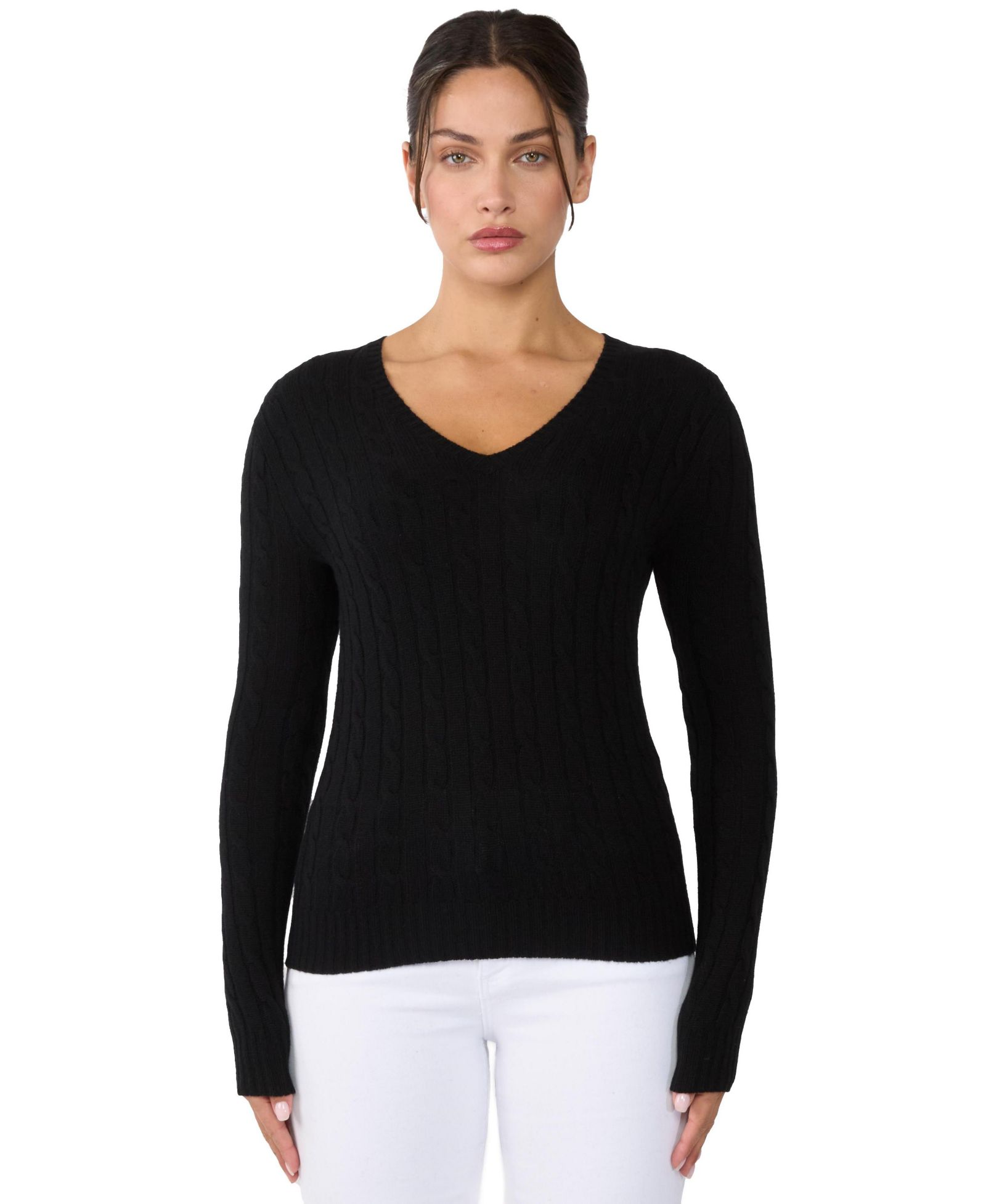 Женский джемпер JENNIE LIU 100% Cashmere Cable-knit Long Sleeve Pullover V Neck