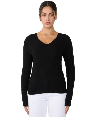 JENNIE LIU Women's 100% Cashmere Cable-knit Long Sleeve Pullover V Neck Sweater