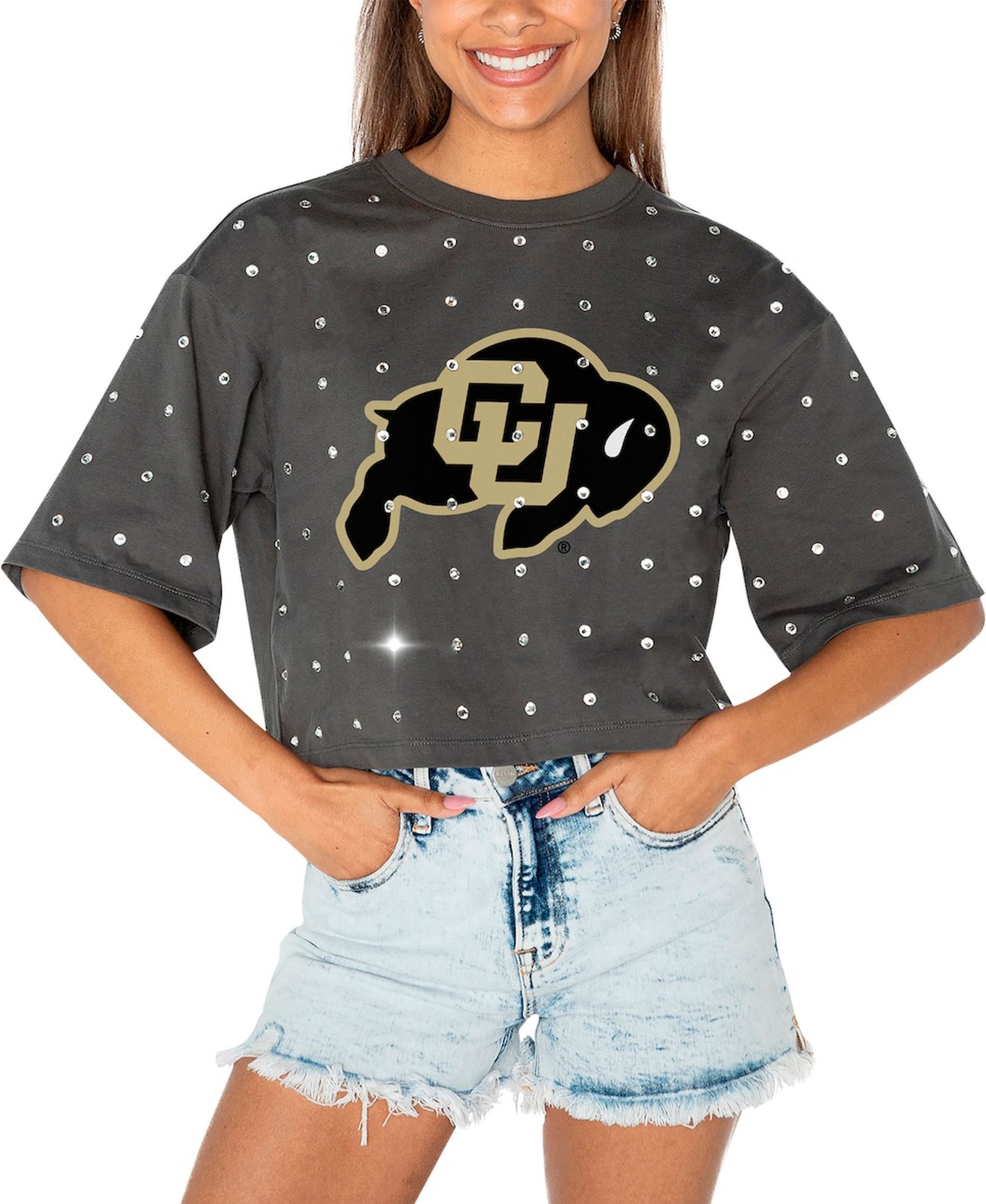 Футболка Gameday Couture Women's Gray Colorado Buffaloes Go Time Rhinestone Crop