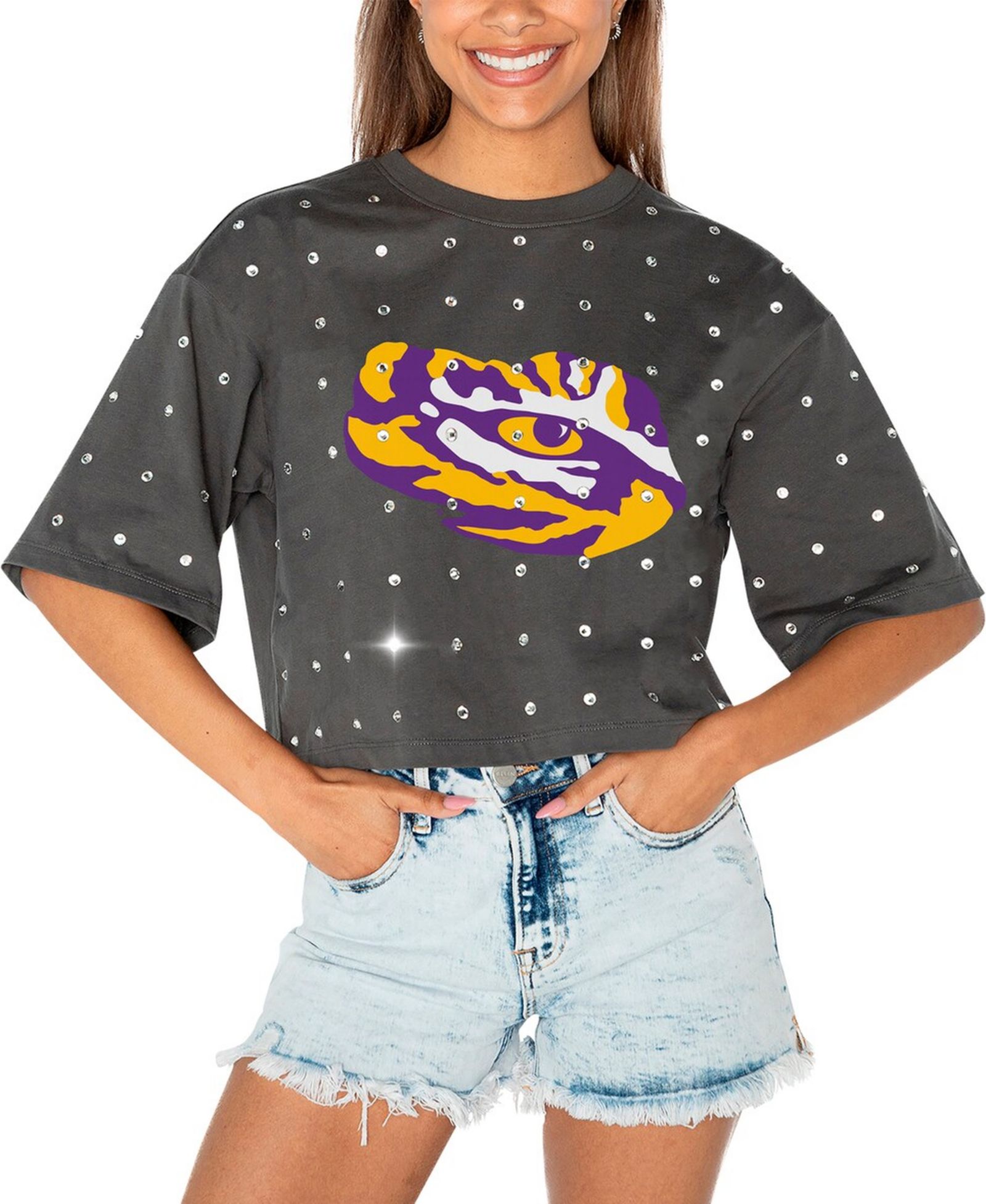 Gameday Couture Women's Gray LSU Tigers Go Time Rhinestone Crop T-Shirt