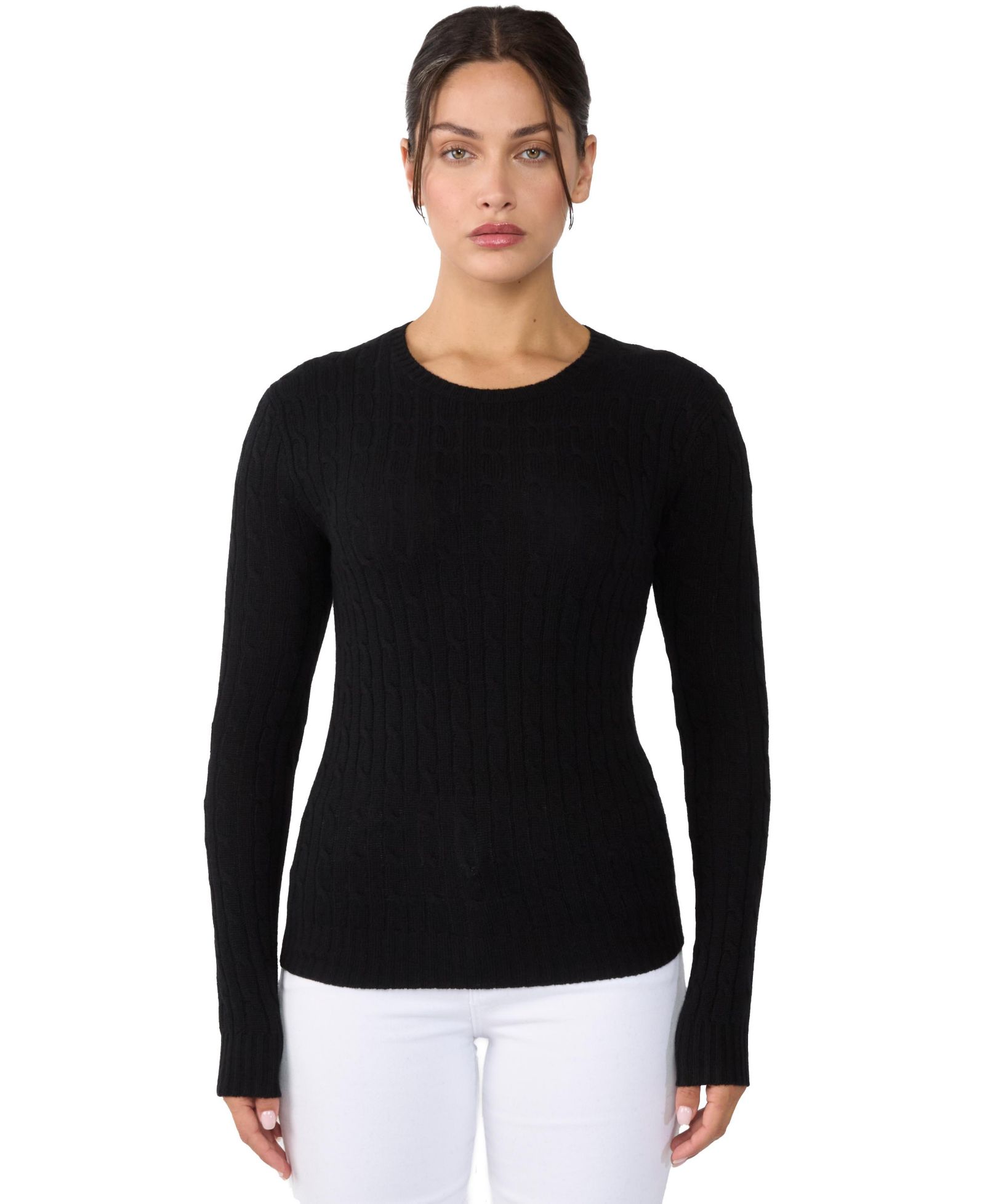 JENNIE LIU Women's 100% Cashmere Cable-knit Long Sleeve Pullover Crew Neck Sweater