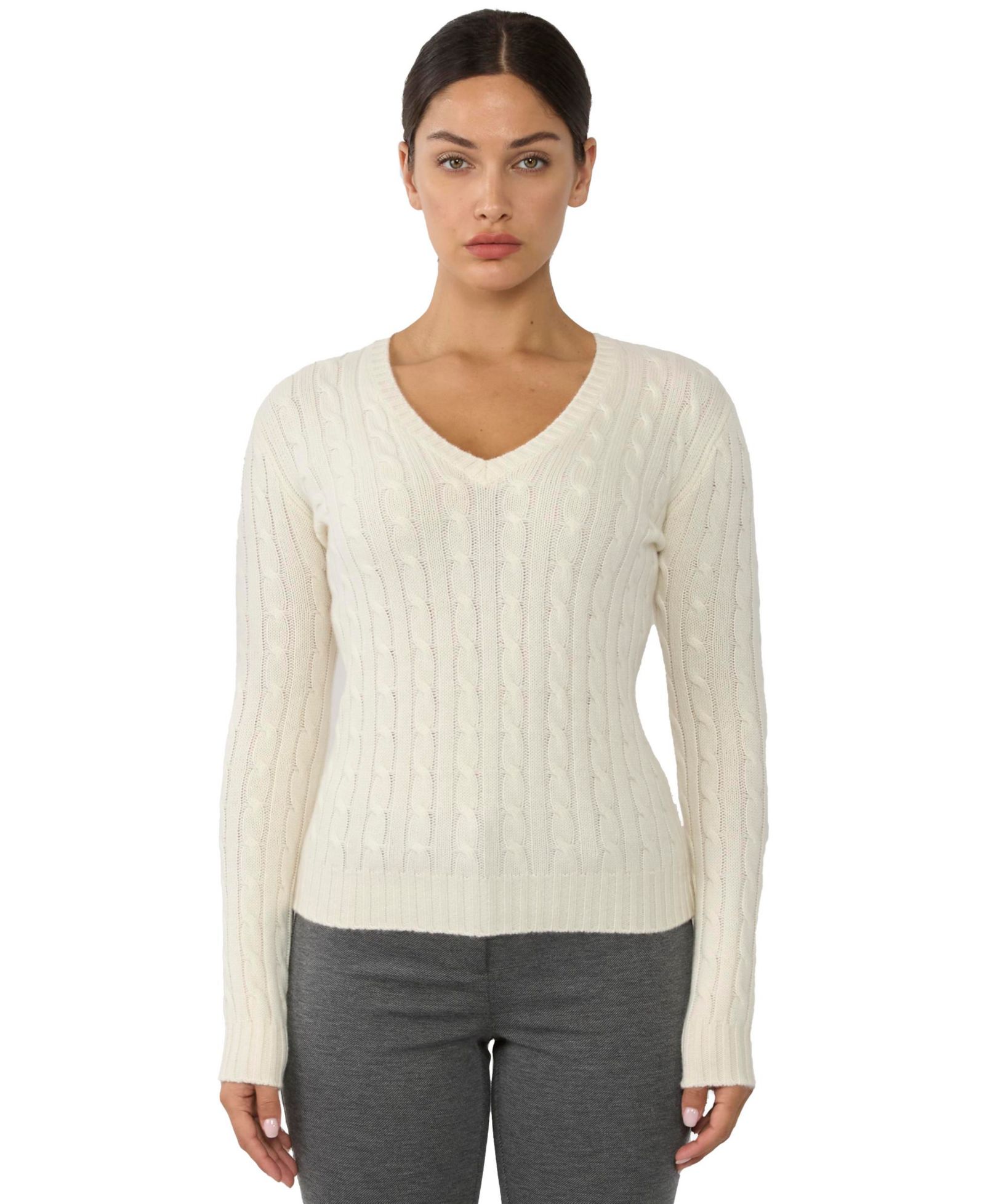 Женский джемпер JENNIE LIU 100% Cashmere V-Neck | Chuncky Cashmere Cable-knit