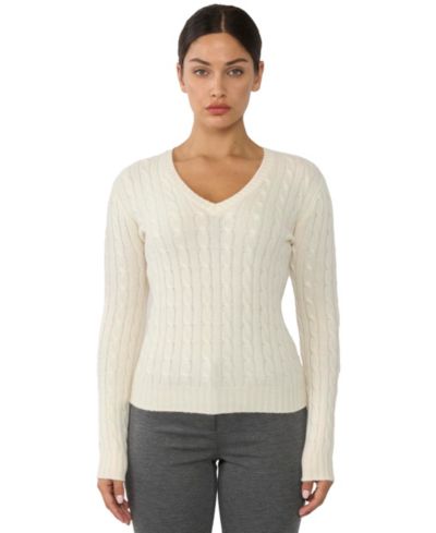 JENNIE LIU Women's 100% Cashmere V-Neck Sweater | Chuncky Cashmere Cable-knit Sweaters