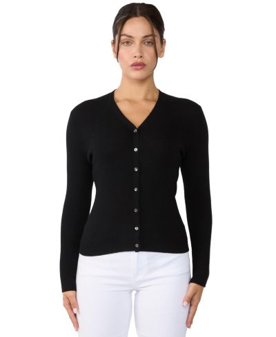 JENNIE LIU Women's 100% Cashmere V-Neck Cardigan Sweater | Ribbed Tissue Weight Cashmere Sweaters