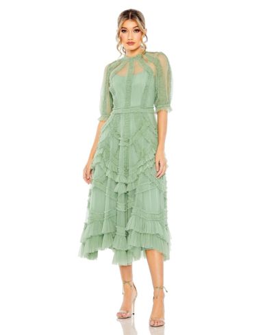 Платье Mac Duggal Женский High Neck Puff Sleeve Ruffle Tiered