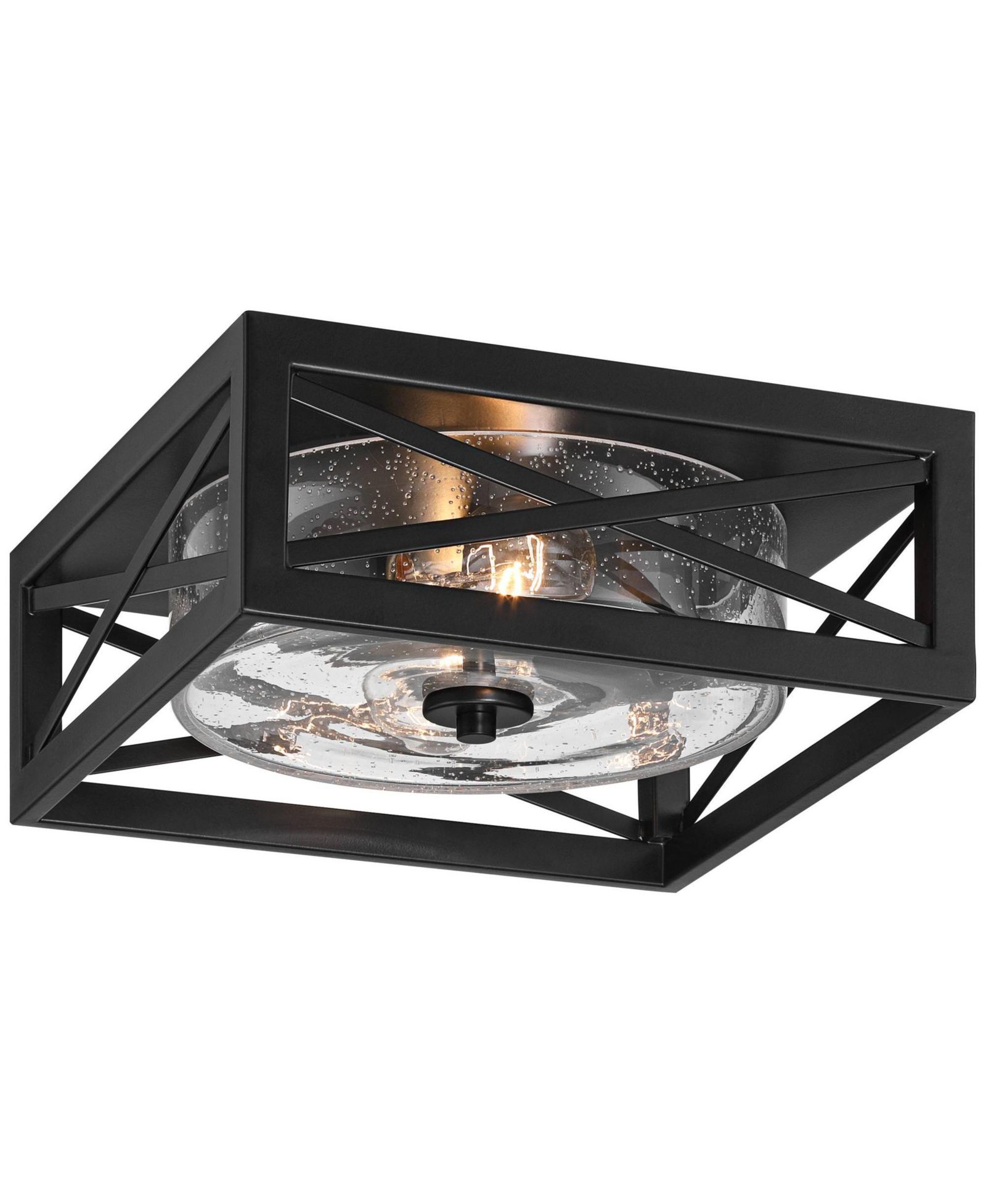 Franklin Iron Works Drake 12" Modern Industrial Flush-Mount Ceiling Light Fixture Kitchen Foyer Round 2-Light Black Seeded Glass