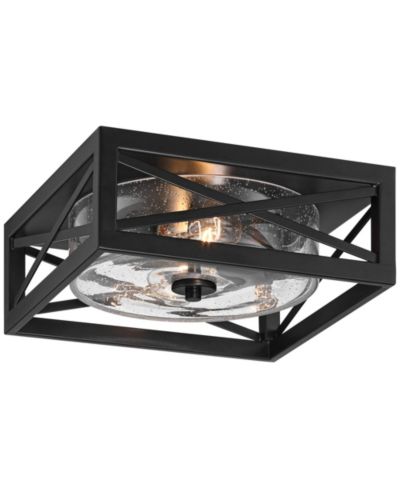 Franklin Iron Works Drake 12" Modern Industrial Flush-Mount Ceiling Light Fixture Kitchen Foyer Round 2-Light Black Seeded Glass