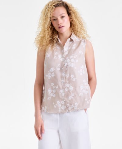 Charter Club Women's 100% Linen Sleeveless Button-Front Shirt, Exclusively at Macy's