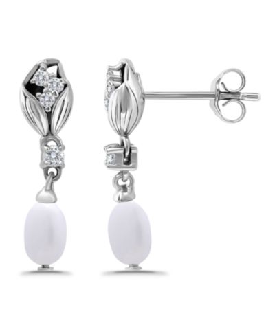 Macy Oval Freshwater Cultured Pearl Drop Cubic Zirconia Tulip Design Post Earrings