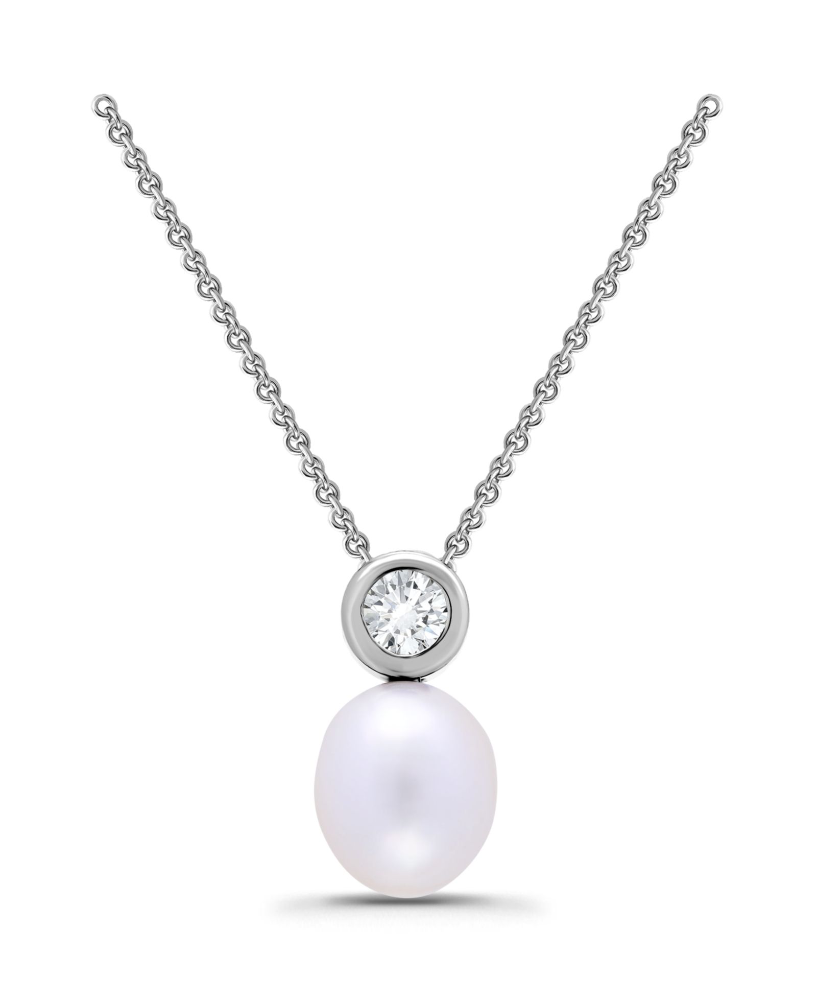 Macy's Teardrop Freshwater Cultured Pearl Round Cubic Zirconia Bezel Necklace